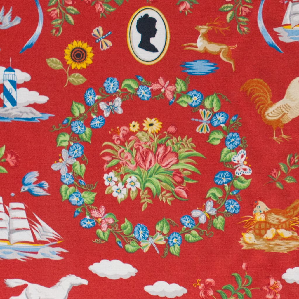 Colorful fabric pattern with floral wreath, animals, and icons on a red background