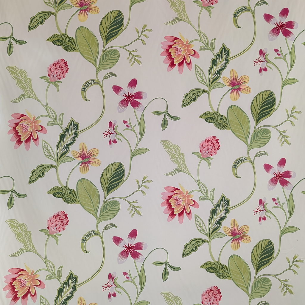 Floral pattern with pink, yellow, and green flowers on a light background