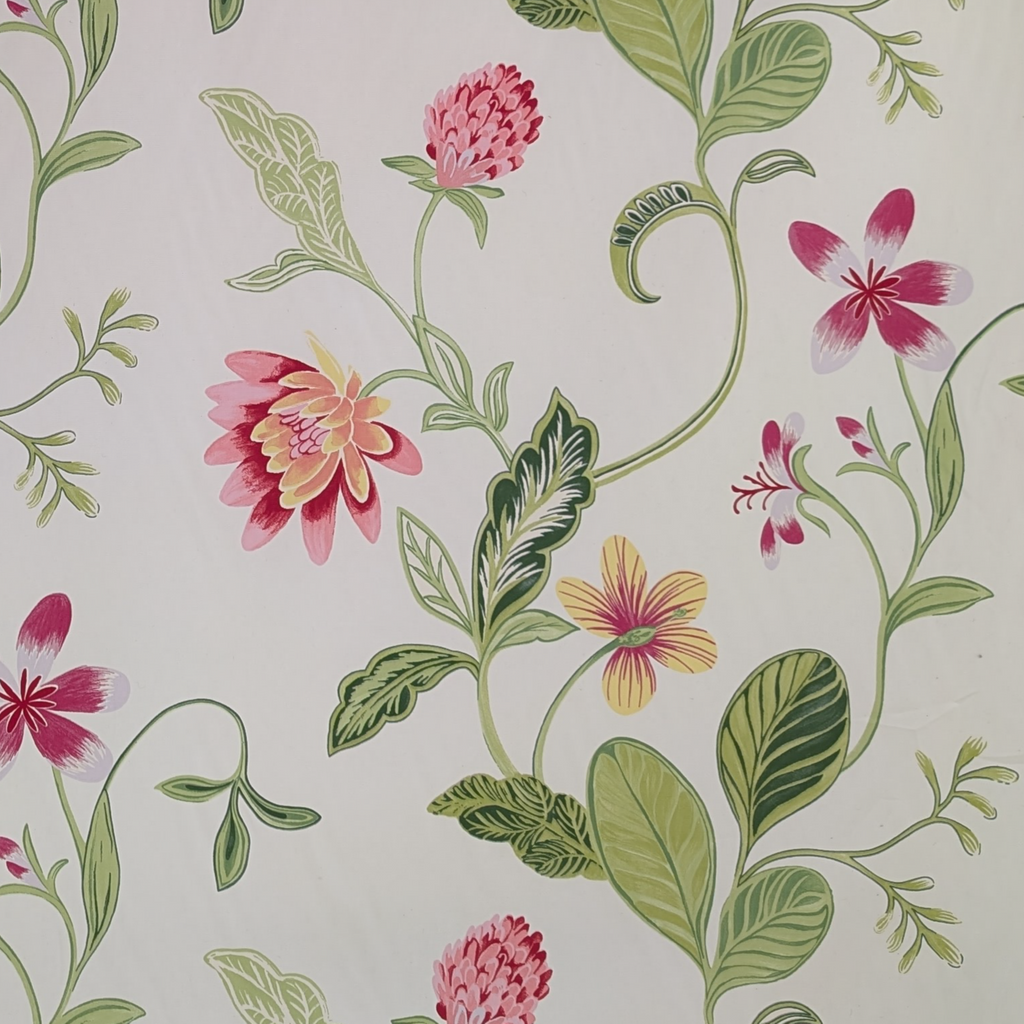 Floral pattern with pink, yellow, and green flowers on a light background