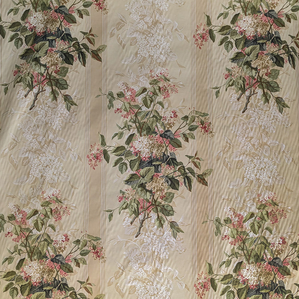 Traditional bouquet of flowers in green and pink on striped cream background 