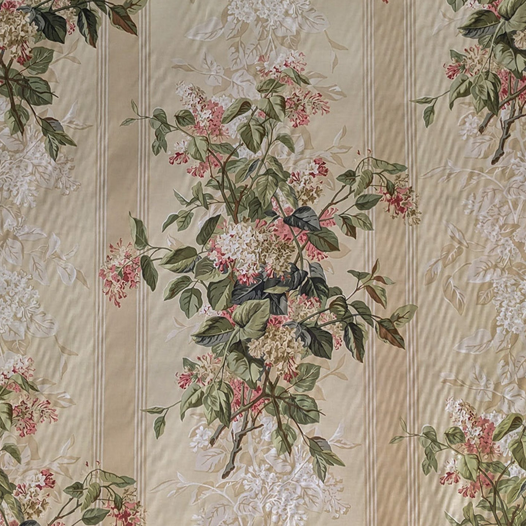 Traditional bouquet of flowers in green and pink on striped cream background 