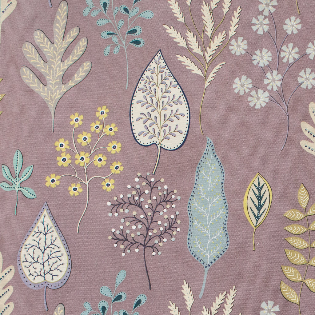 Scandinavian leaf print style on purple fabric 