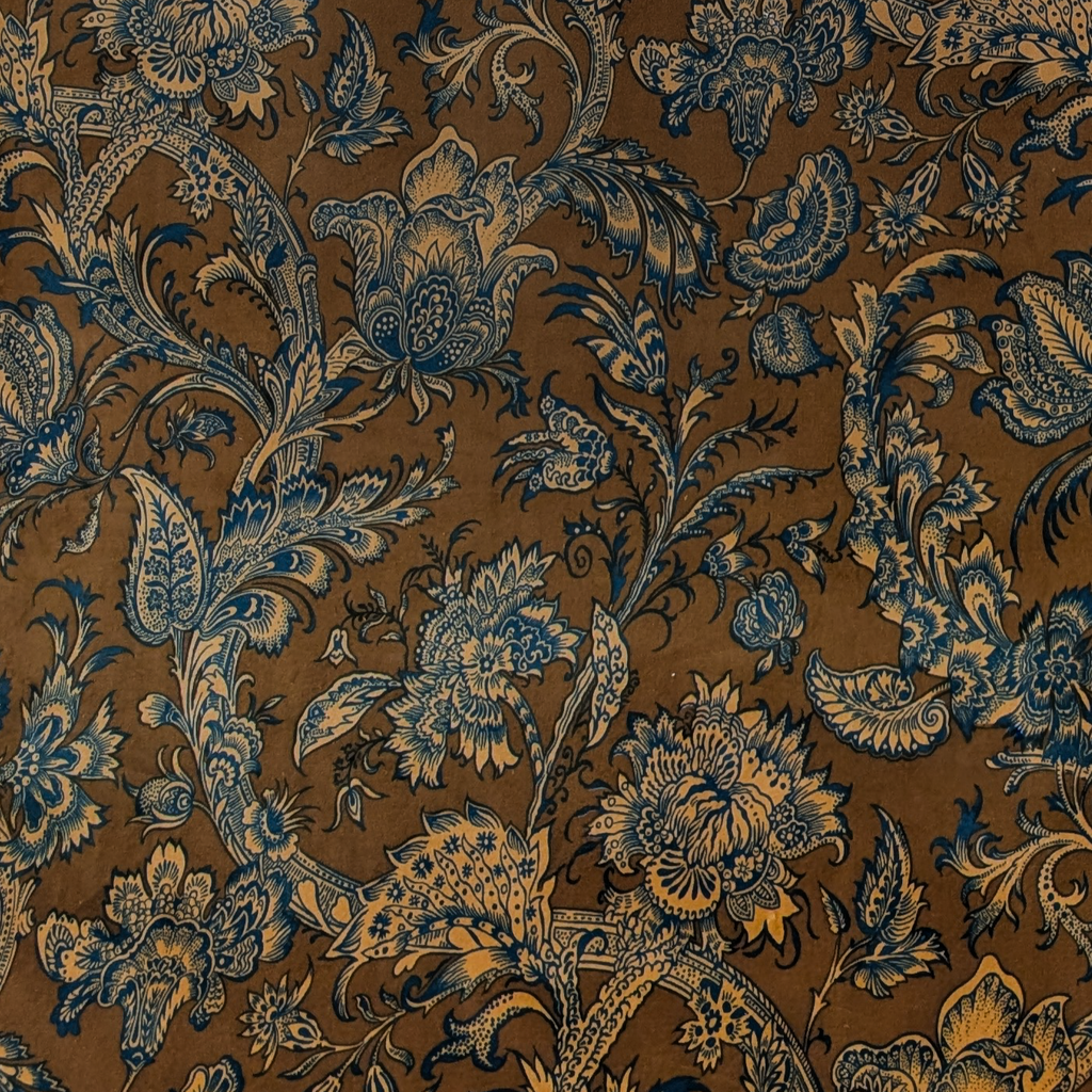 Decorative Jacobean fabric with blue floral and paisley pattern on a brown background