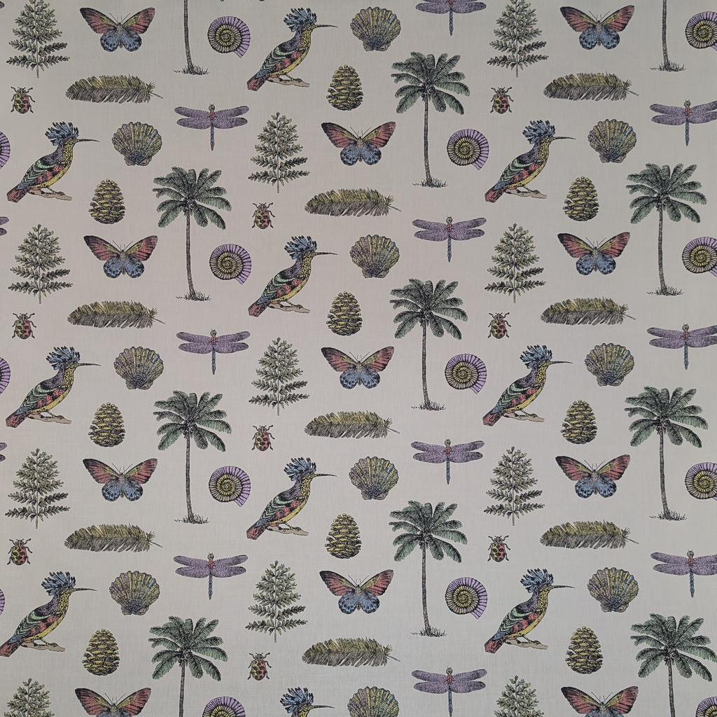 Patterned fabric with birds, butterflies, trees, and plants on a beige background