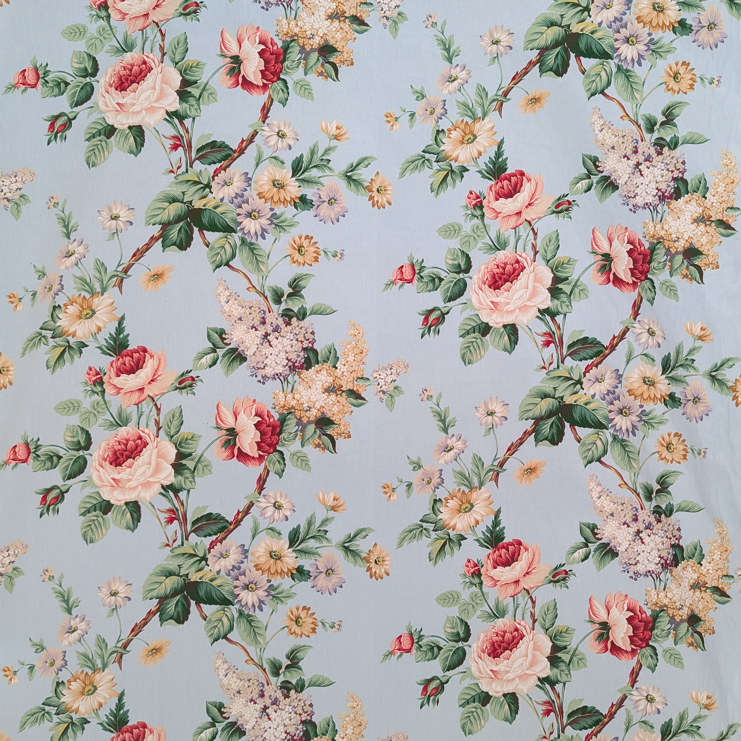 Floral pattern with roses and other flowers on a light blue background