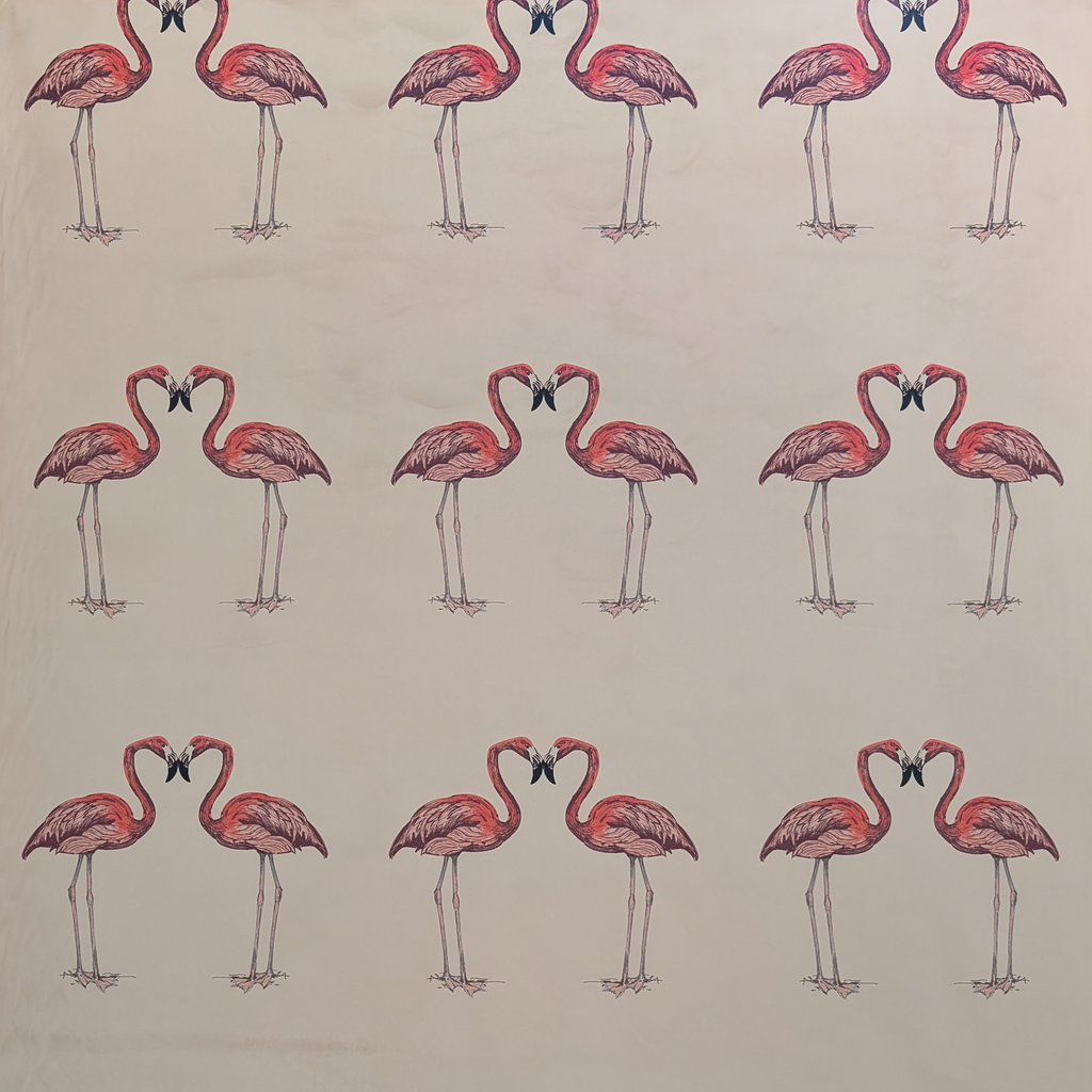 Pattern of pink flamingos with black masks on a beige velvet background