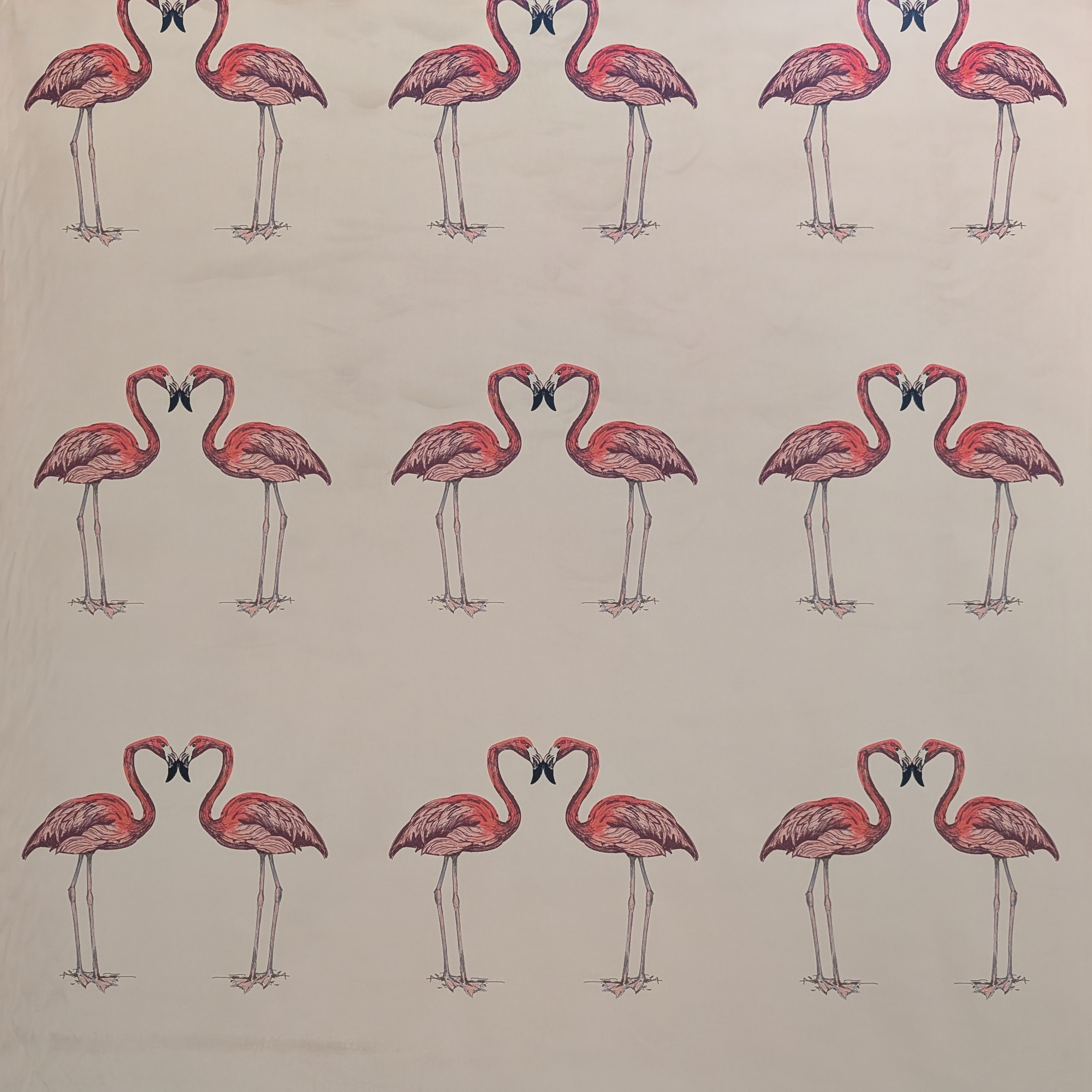 Pattern of pink flamingos with black masks on a beige velvet background
