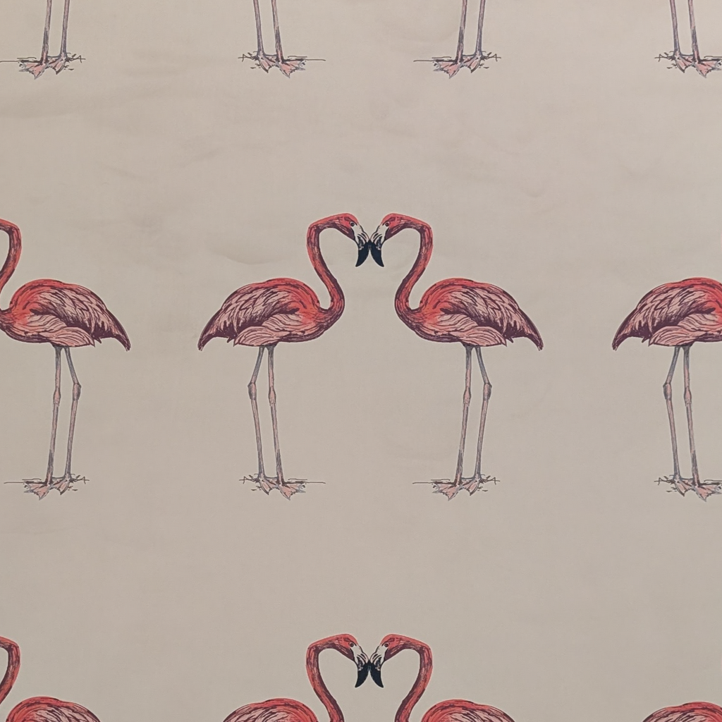 Pattern of pink flamingos with black masks on a beige velvet background