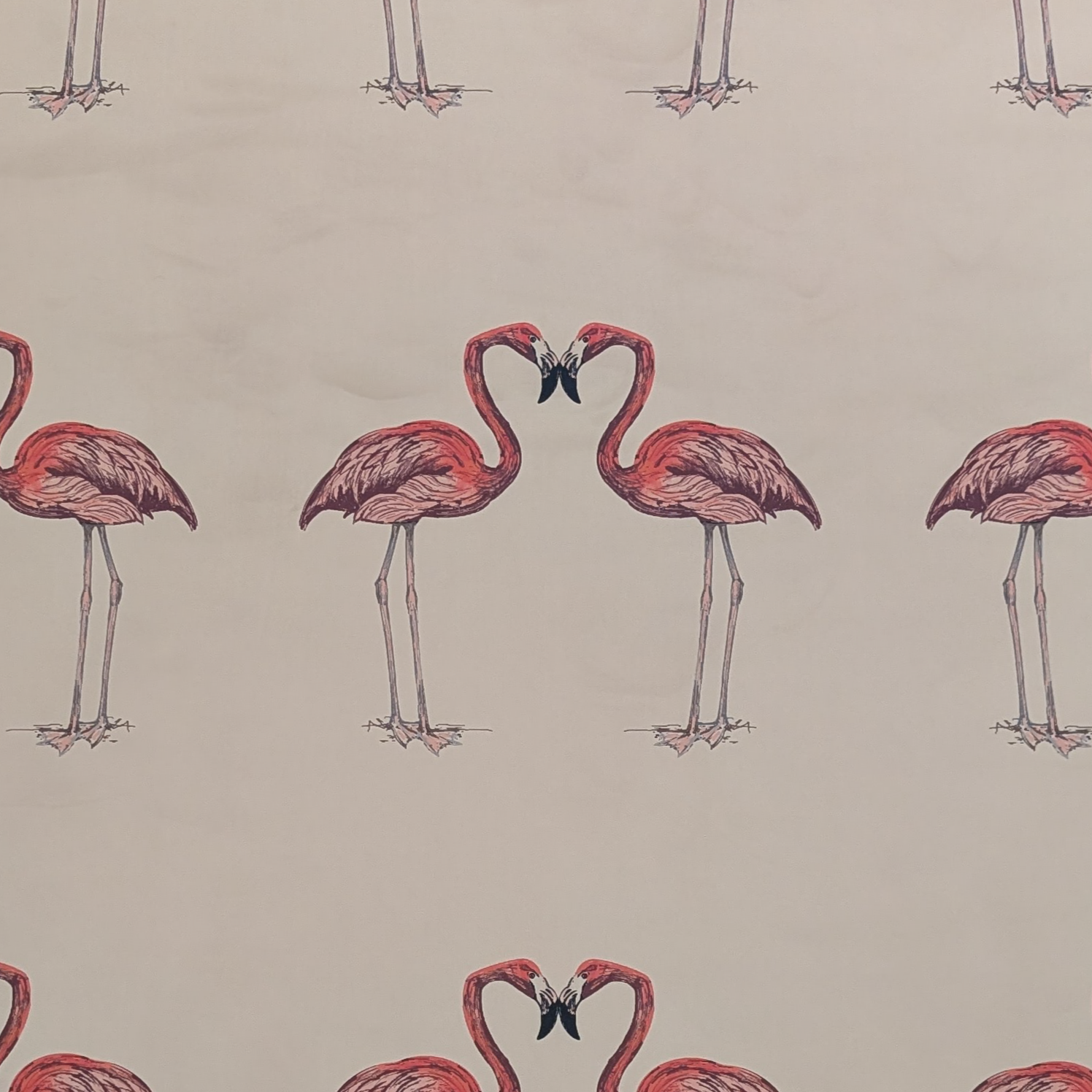 Pattern of pink flamingos with black masks on a beige velvet background