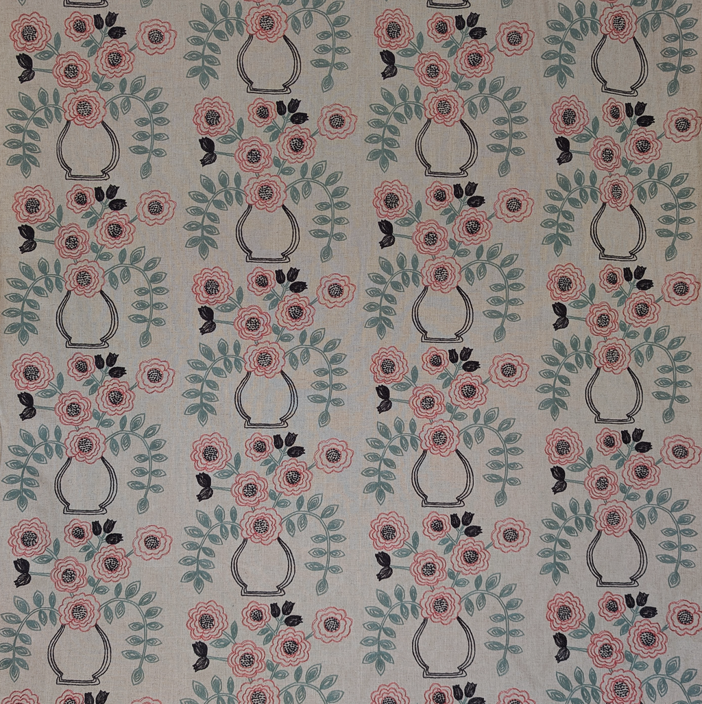 Patterned fabric with floral and vase designs on a gray background