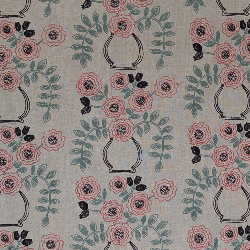 Patterned fabric with flowers and vases on a beige background