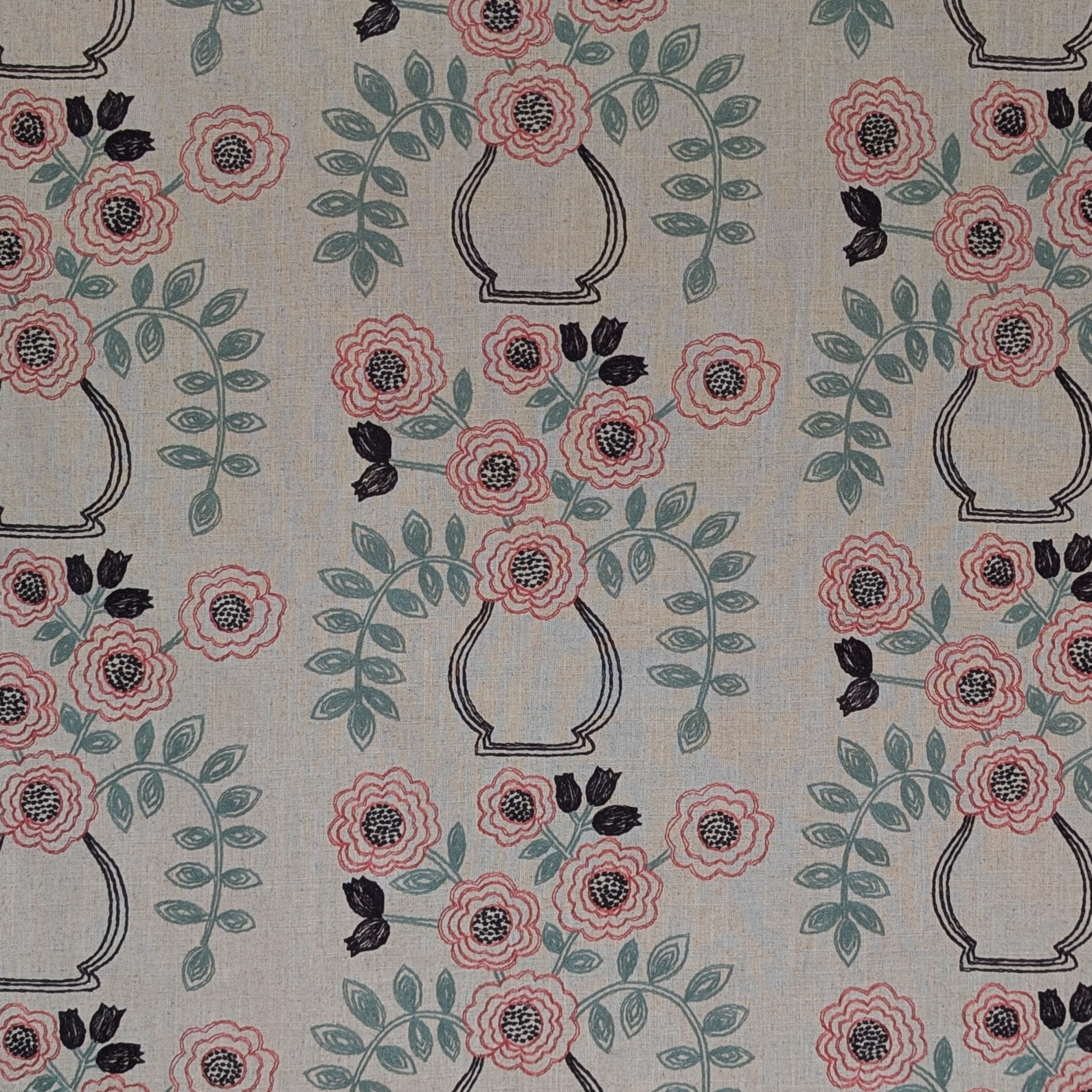 Patterned fabric with flowers and vases on a beige background
