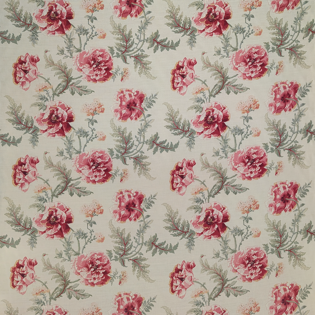 Floral pattern with pink flowers and green leaves on a beige background