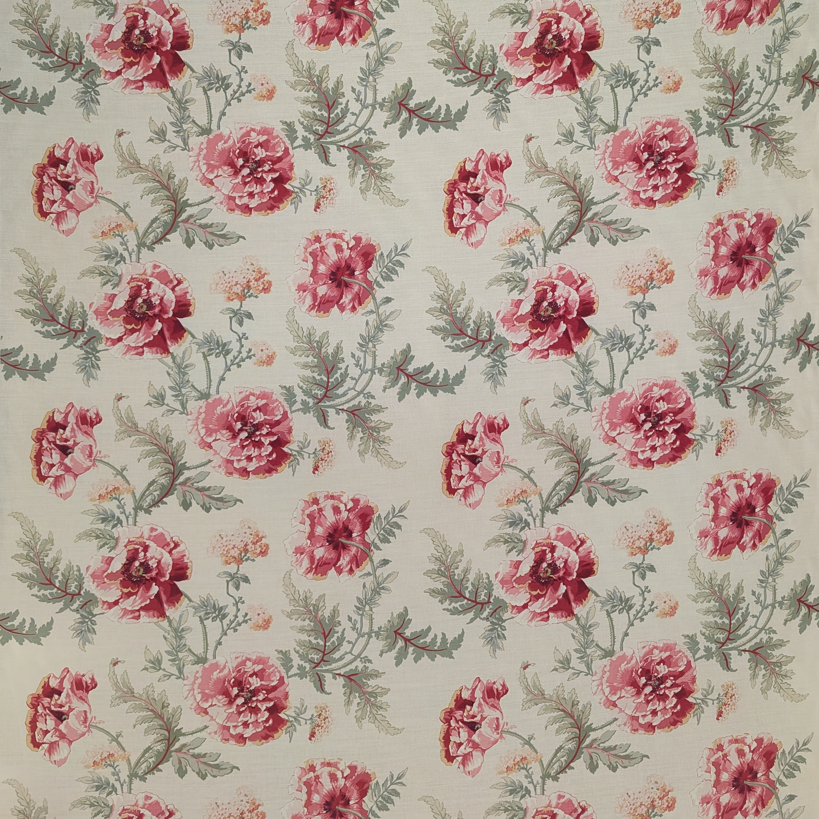 Floral pattern with pink flowers and green leaves on a beige background