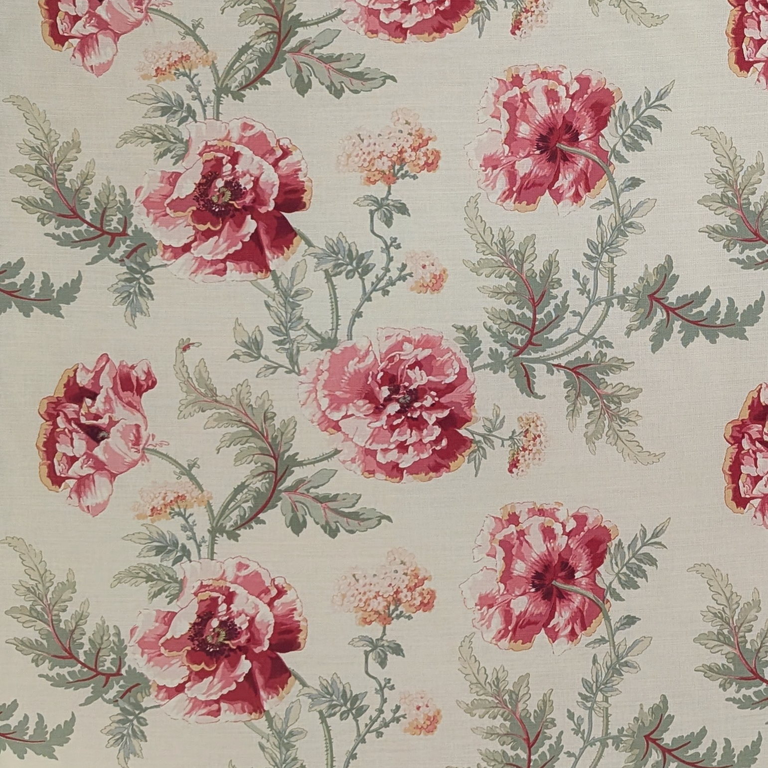 Floral pattern with pink flowers and green leaves on a beige background