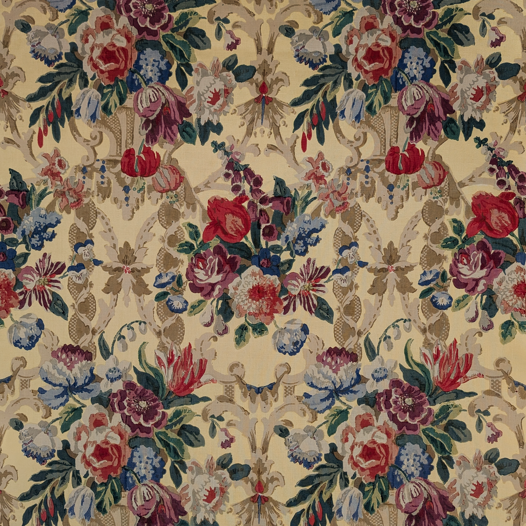 Floral patterned fabric with red, blue, and pink flowers on a yellow background