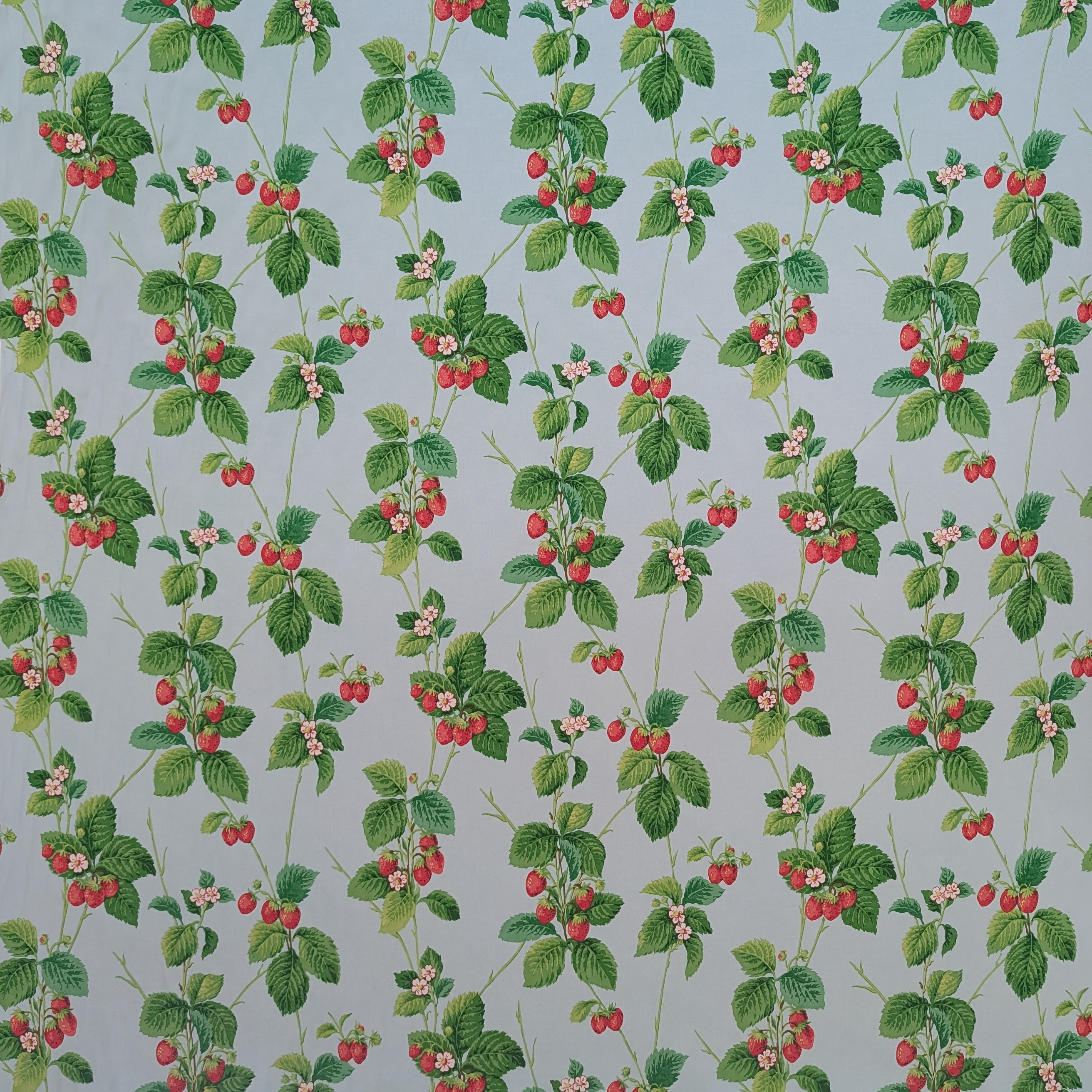 Pattern of strawberries and green leaves on a blue background