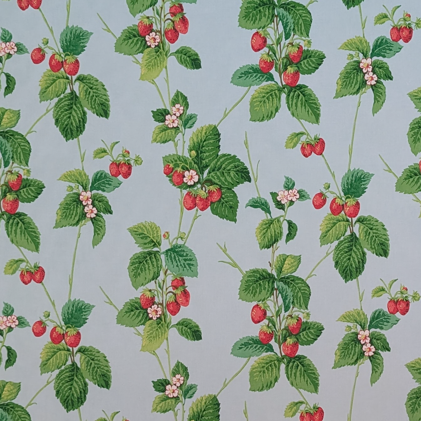 Pattern of strawberries and green leaves on a blue background