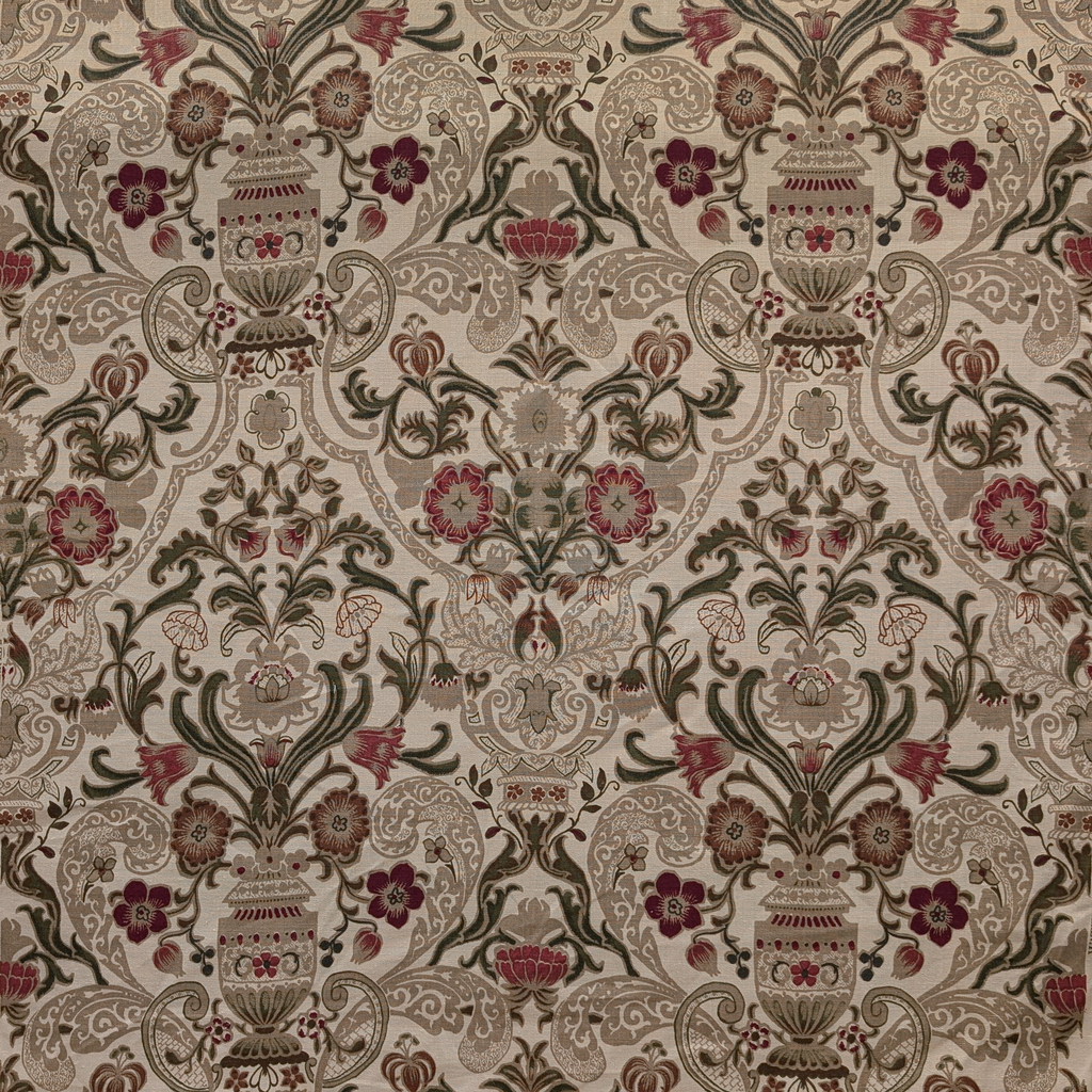 Decorative fabric pattern with floral and vase designs on a beige background