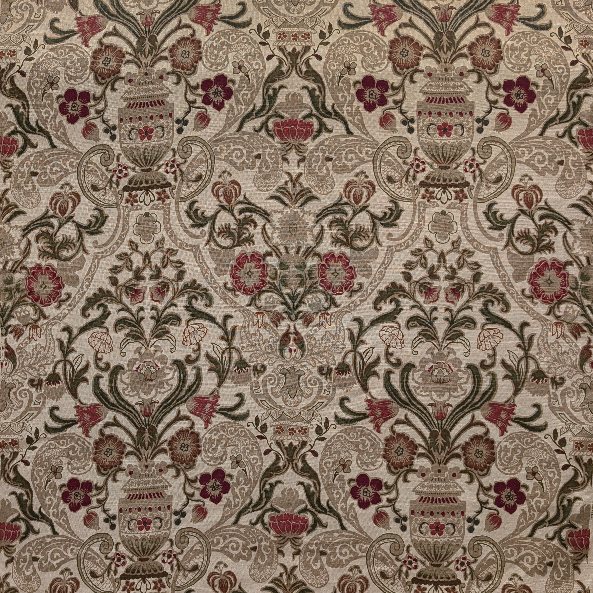 Decorative fabric pattern with floral and vase designs on a beige background