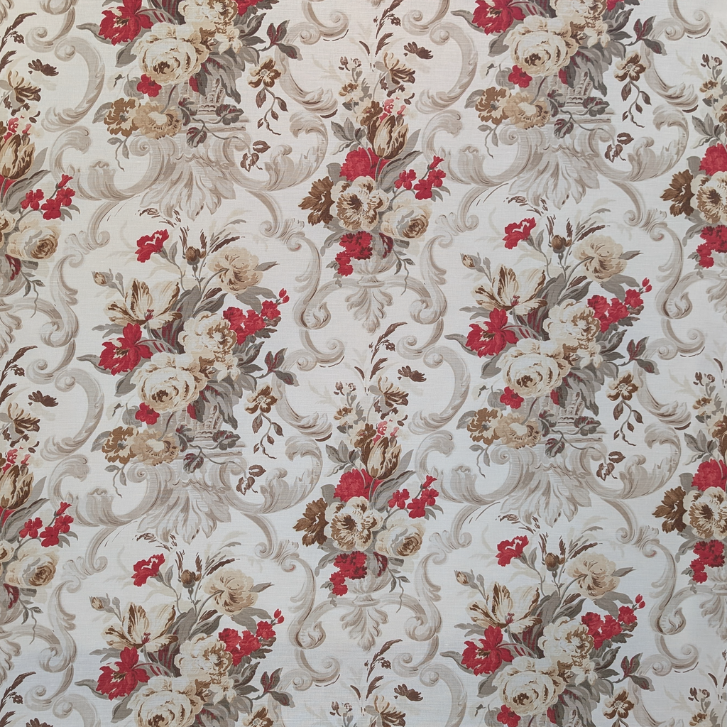 Floral patterned fabric with red, white, and beige flowers on a light background