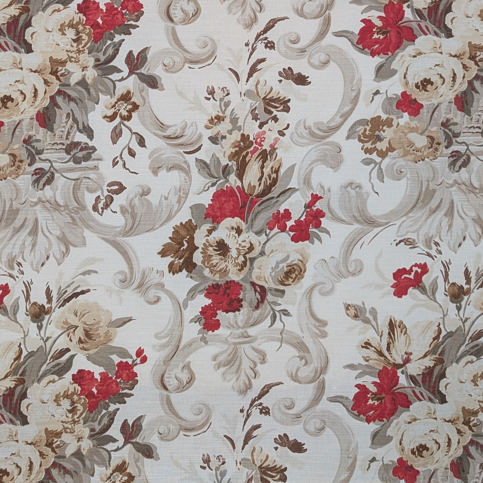 Floral pattern with red and beige flowers on a light background